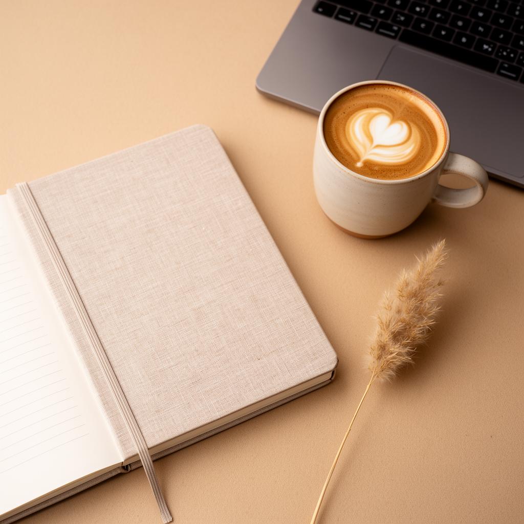 A linen notebook, latte and laptop on a warm beige desk